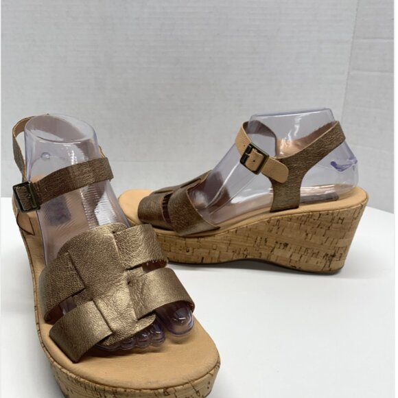 Kork-Ease Shoes - Korks by Kork Ease Wedge Sandal Open Toe Ankle Strap Cork Heels Metallic Gold 10